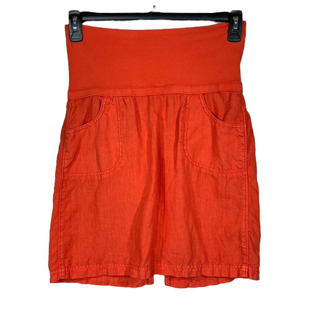 Athleta SZ 2 Lima Linen Skirt Fold-Over Stretch Waist Pockets Slit Coral Sunset